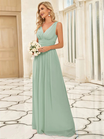 Elegant Double V-Neck Bridesmaid Dress – Floor-Length Maxi Gown