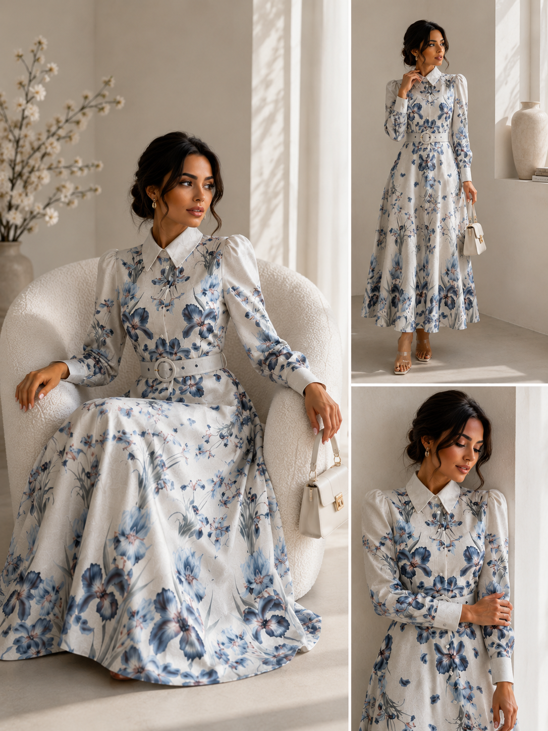 Woman in a white dress with blue floral pattern sitting on a chair in a bright room.