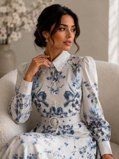 Woman wearing a floral dress sitting on a couch with a neutral background
