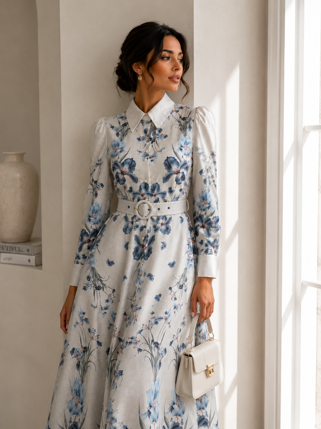 Woman wearing a floral dress standing in a bright room with a vase in the background