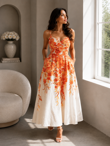 Woman in a floral dress standing in a sunlit room with a window and decorative items.