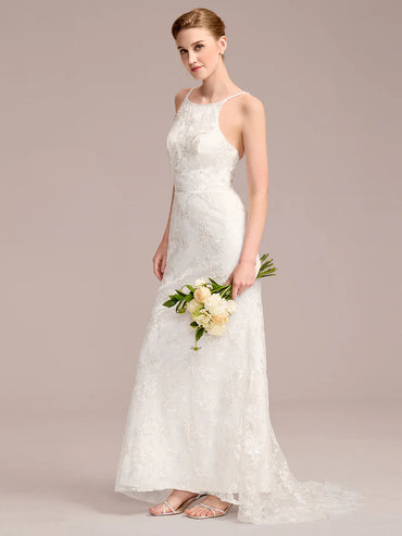 Spaghetti Strap Open-Back Lace Floor-Length Bridal Dress