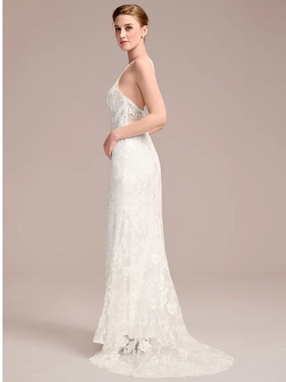 Spaghetti Strap Open-Back Lace Floor-Length Bridal Dress