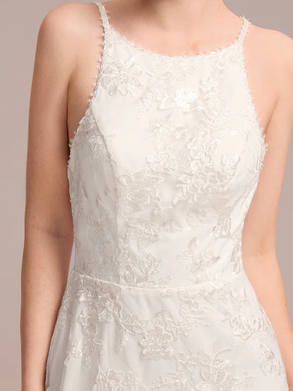 Spaghetti Strap Open-Back Lace Floor-Length Bridal Dress