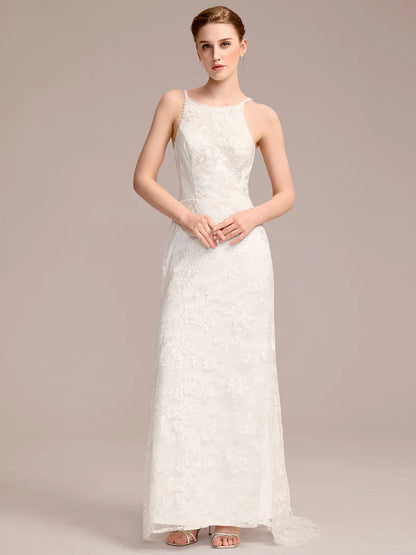 Spaghetti Strap Open-Back Lace Floor-Length Bridal Dress