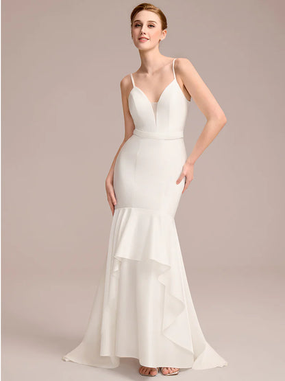 Mermaid Bridal Dress with Spaghetti Straps & V-Neck – Floor-Length Gown