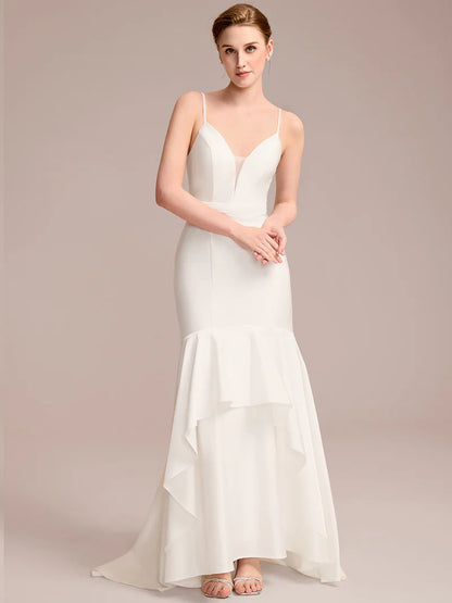 Mermaid Bridal Dress with Spaghetti Straps & V-Neck – Floor-Length Gown