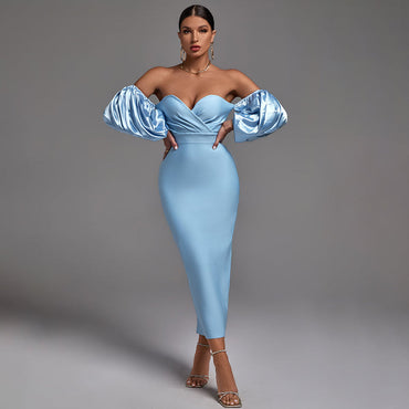 Off Shoulder Puff Sleeve Frill Midi Bandage Dress