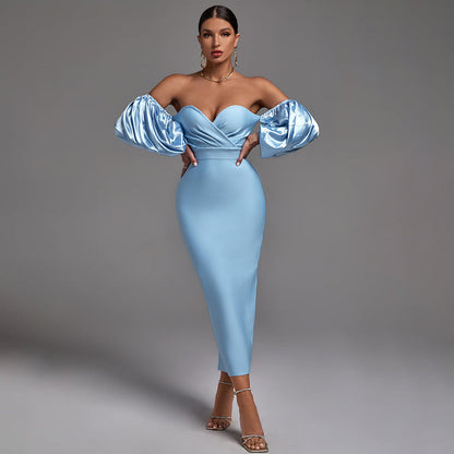 Off Shoulder Puff Sleeve Frill Midi Bandage Dress