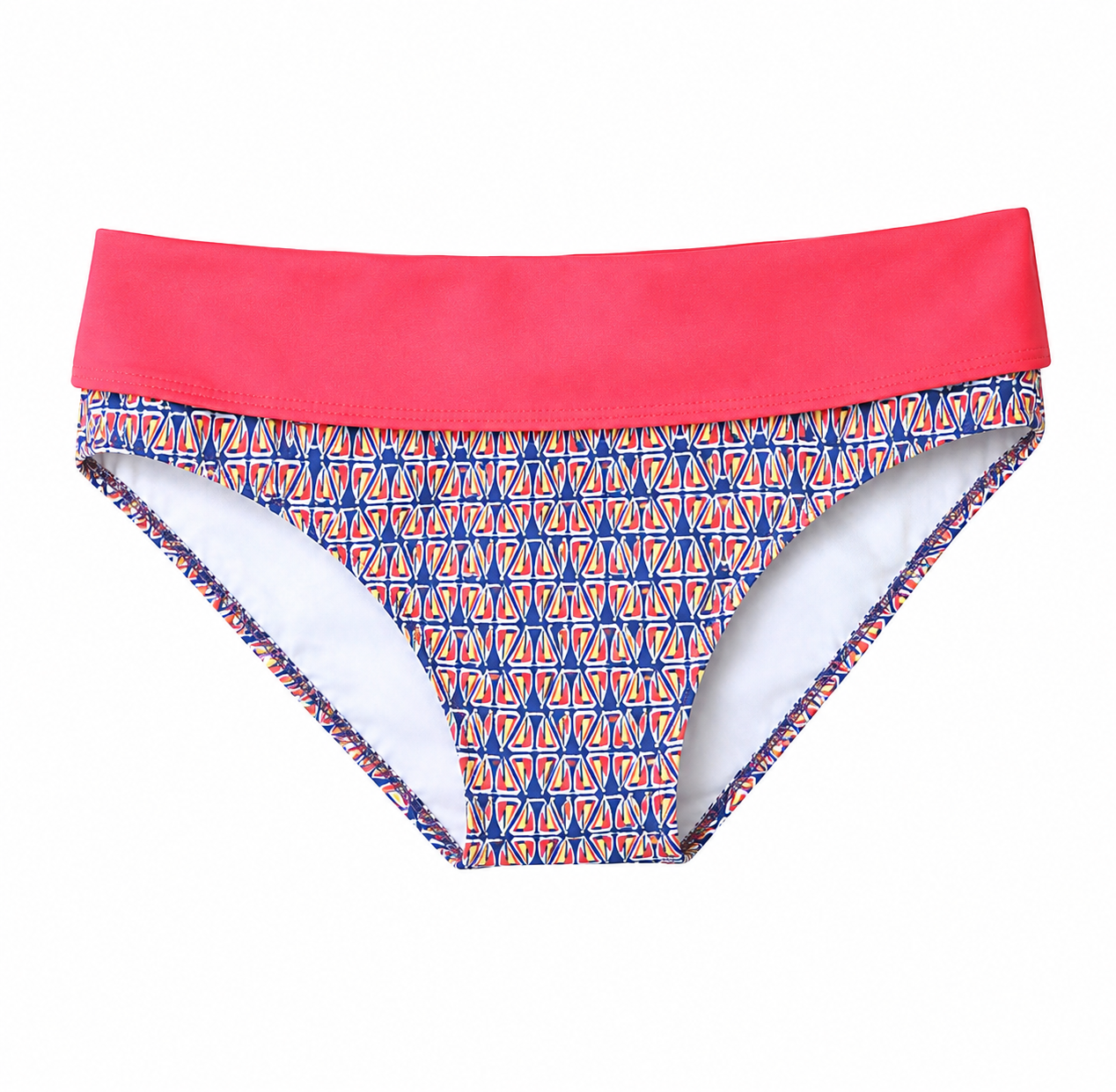 Bikini bottom with pink top and geometric patterned bottom on a white background