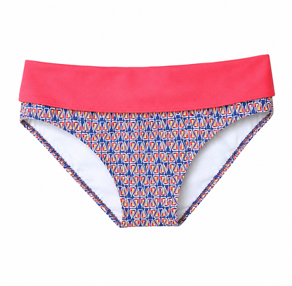 Bikini bottom with pink top and geometric patterned bottom on a white background