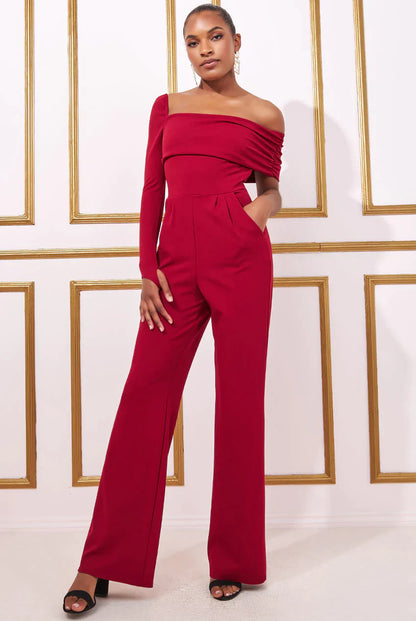 One Shoulder Scuba Jumpsuit - Wine