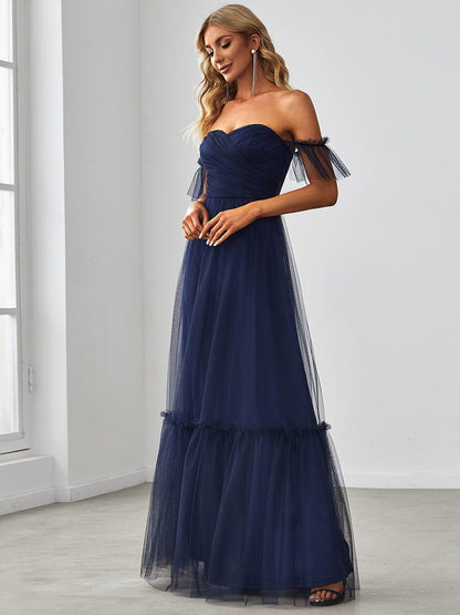 Off the Shoulder Sweetheart Pleated Tulle Dress In Pink