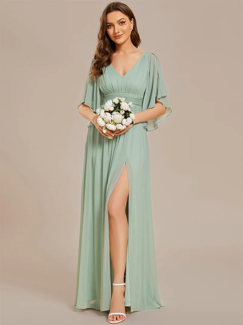 Chic and classy bridesmaid dress in mint green with pleats and round neck