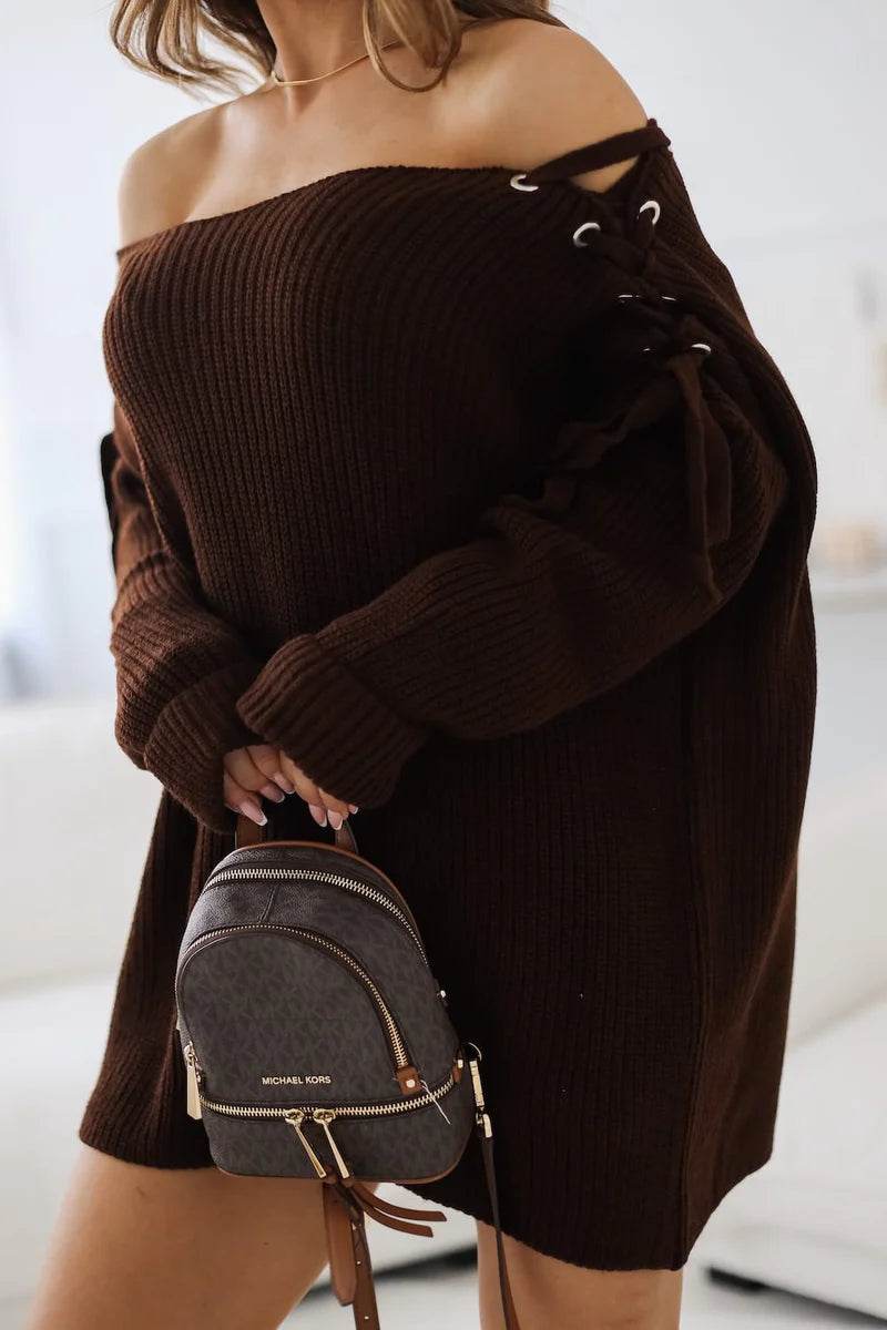 Alexa brown knotted shoulder sweater, chic and cozy knitwear for everyday style