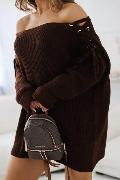 Alexa brown knotted shoulder sweater, chic and cozy knitwear for everyday style