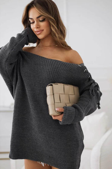 Alexa grey knotted shoulder sweater, chic and cozy knitwear for effortless everyday style