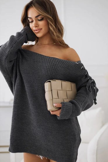 Alexa knotted shoulder grey sweater laid flat on white background