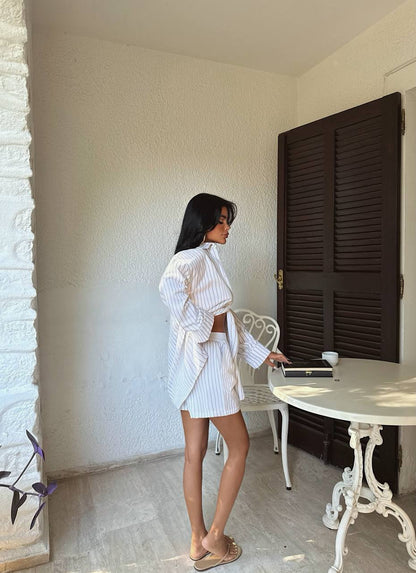 Beige striped women's shorts set – lightweight summer two-piece outfit