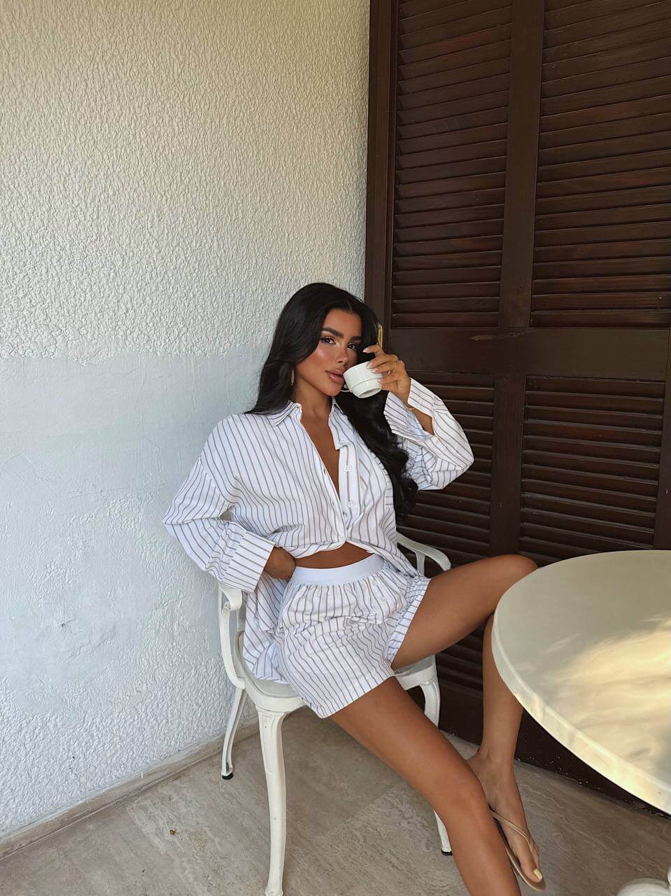 Beige striped women's shorts set – lightweight summer two-piece outfit
