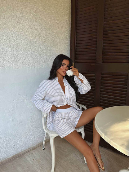 Beige striped women's shorts set – lightweight summer two-piece outfit