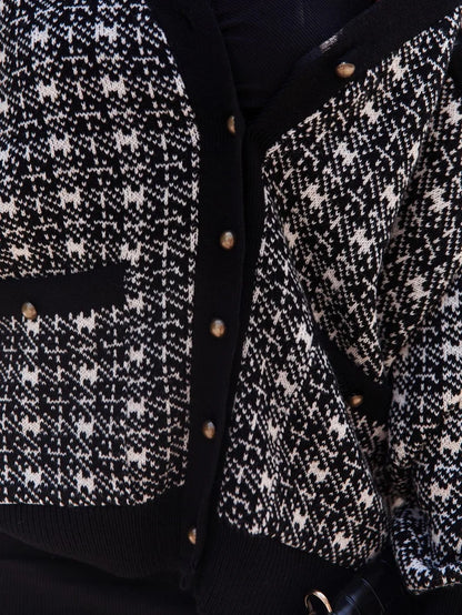 Belamor black checkered cardigan, chic monochrome knit with bold contrast