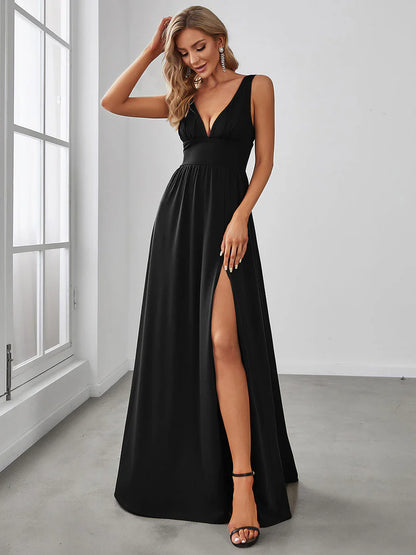 Elegant V-Neck Floor-Length Evening Dress with High Slit & Empire Waist