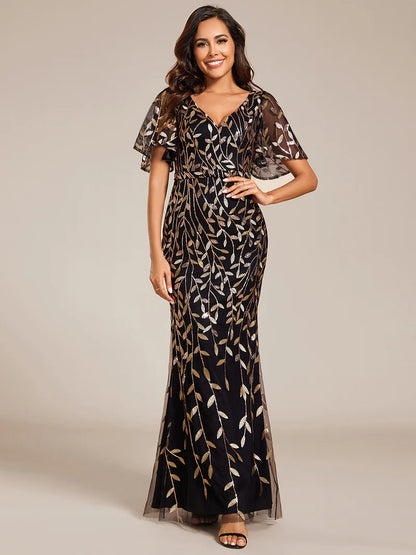 Black gold V-neck fishtail party dress with elegant leaf-shaped sequin embellishments