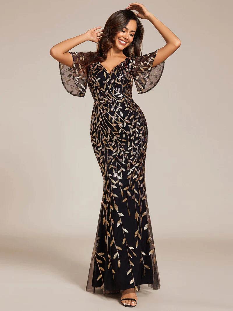Gorgeous V-Neck Fishtail Party Dress with Leaf Sequin Embellishment - Biamonde