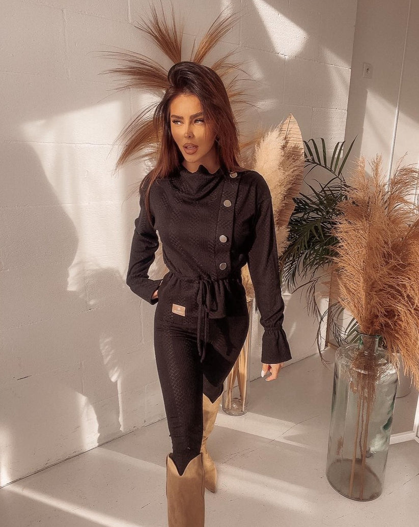 Black knit two-piece sweater set for women – sleek and cozy everyday essential