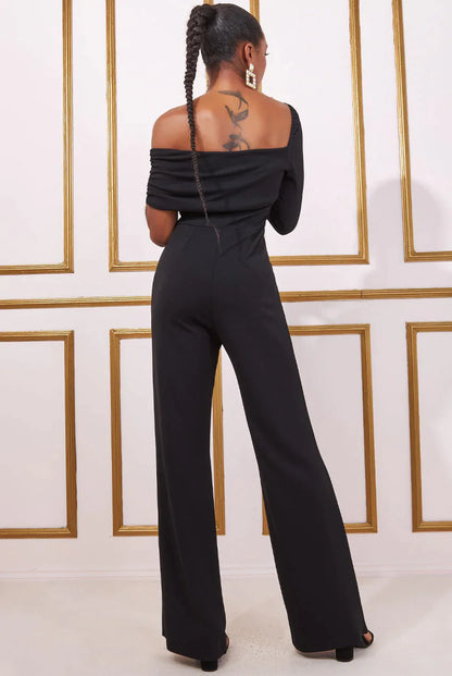 Black one-shoulder scuba jumpsuit, sleek and modern formalwear for any occasion