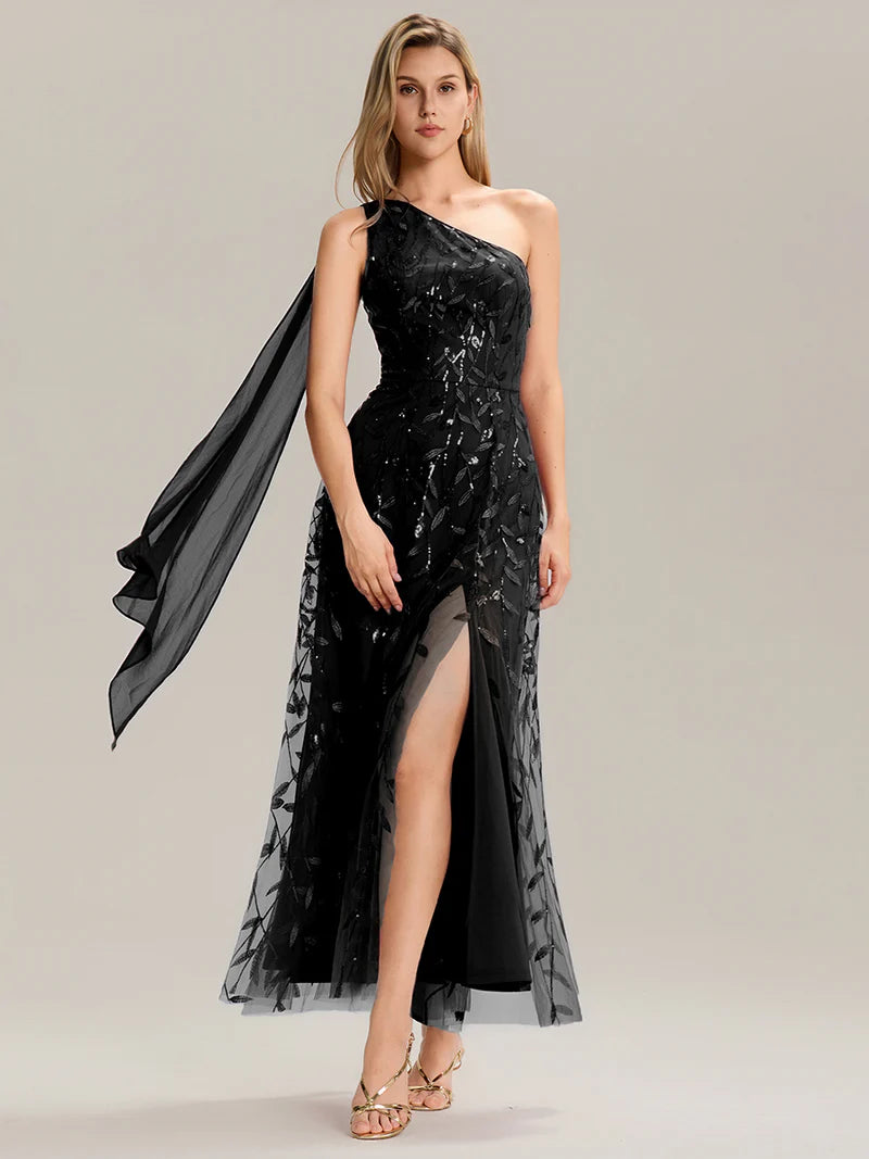 Black One shoulder sequin A-line maxi dress for wedding guests in an elegant style