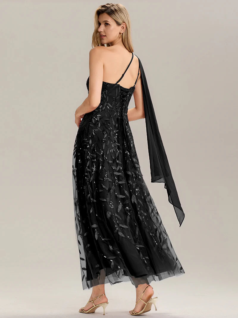 Black One shoulder sequin A-line maxi dress for wedding guests in an elegant style