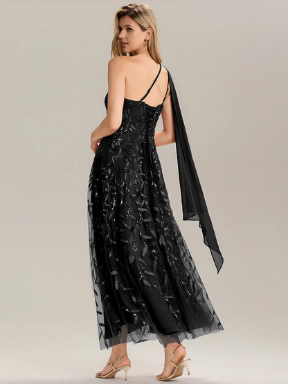 Black One shoulder sequin A-line maxi dress for wedding guests in an elegant style