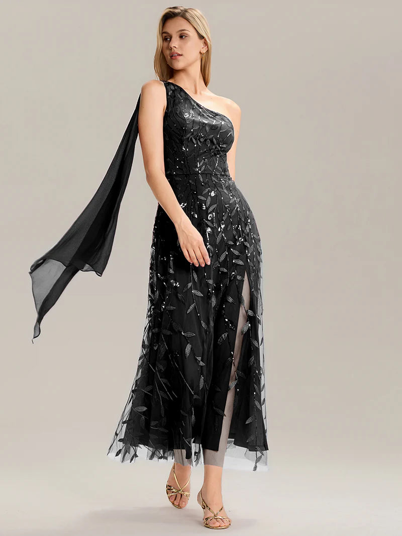 Black One shoulder sequin A-line maxi dress for wedding guests in an elegant style