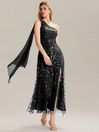 Black One shoulder sequin A-line maxi dress for wedding guests in an elegant style