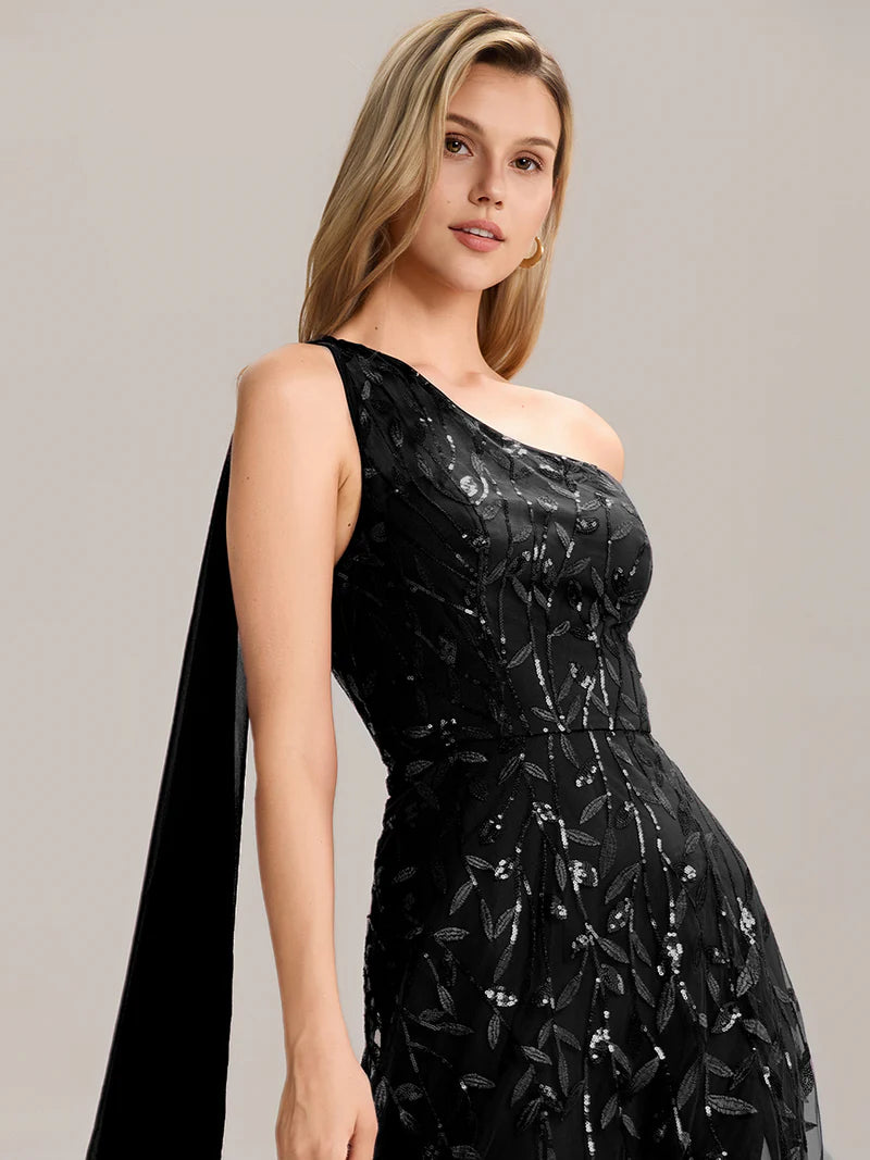 Black One shoulder sequin A-line maxi dress for wedding guests in an elegant style