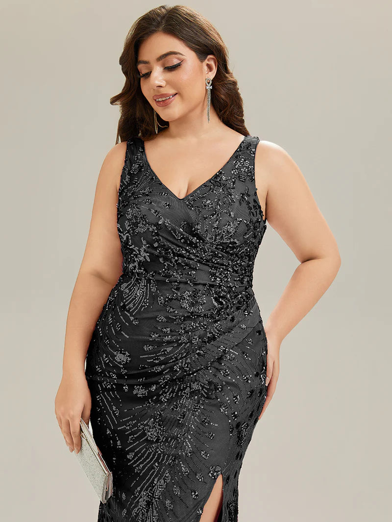 Black Strapless deep V-neck fishtail maxi evening dress with high-stretch fabric for comfort