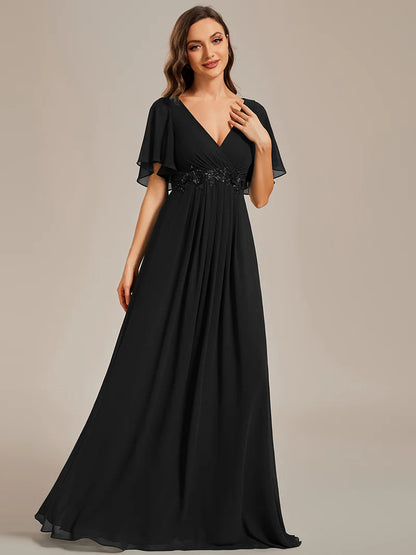 Elegant V-Neck Pleated Bridesmaid Dress with Floral Appliqués