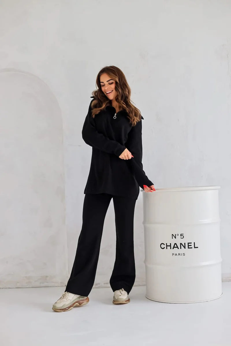 Black zip sweater set, sleek two-piece knit for effortless street style