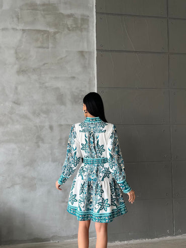 Bohemian Paisley Print Long Sleeve Mini Shirt Green Dress