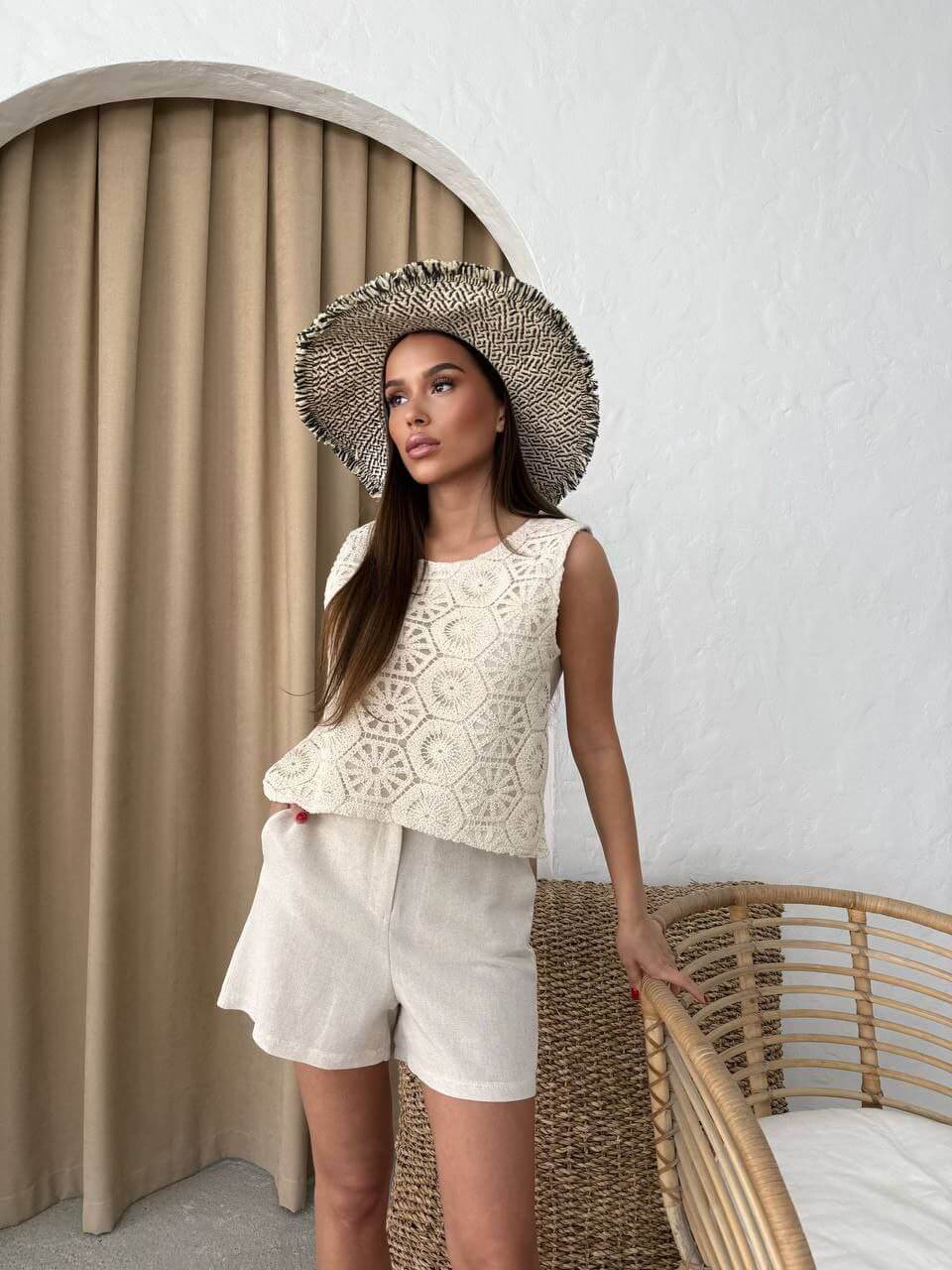 Boho summer two-piece set with beige crochet top and linen shorts