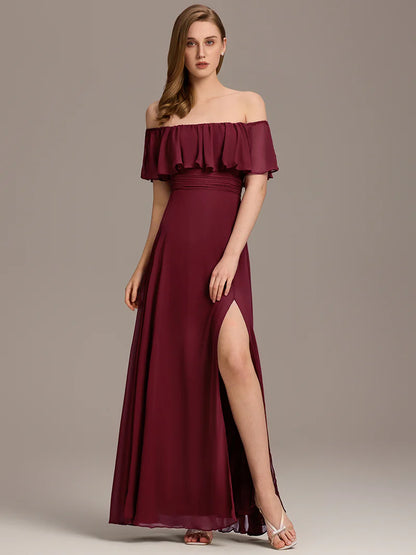 Burgundy elegant off-the-shoulder bridesmaid dress with ruffle detailing and thigh-high split