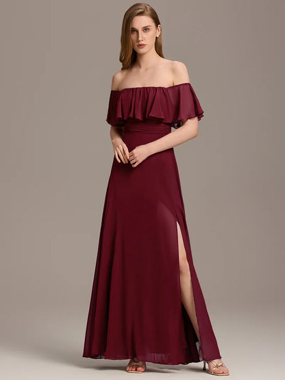 Off-the-Shoulder Bridesmaid Dress – Ruffled with Thigh Split
