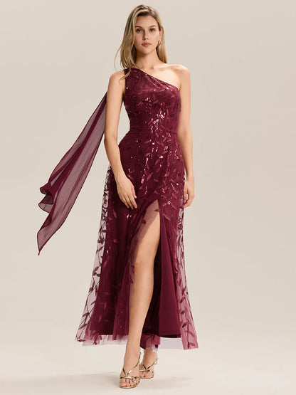 Burgundy One shoulder sequin A-line maxi dress for wedding guests in an elegant style