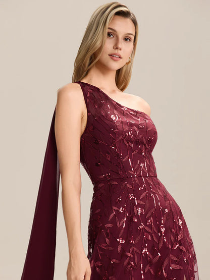 Burgundy One shoulder sequin A-line maxi dress for wedding guests in an elegant style