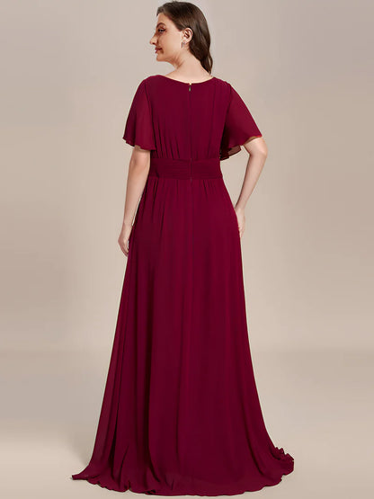 Round neck burgundy bridesmaid gown in a pleated design for elegant wedding looks