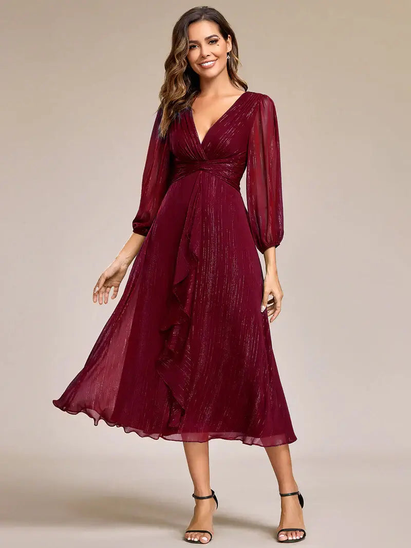Burgundy elegant shiny chiffon wedding guest dress with long sleeves and flowing silhouette