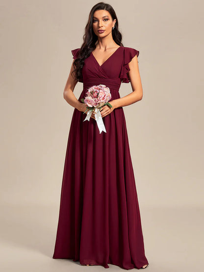 Burgundy Elegant V-neck bridesmaid dress with pleats, ruffle details, and a waist belt