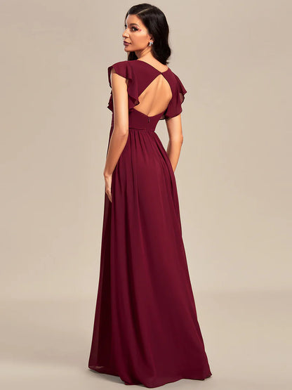 Burgundy Elegant V-neck bridesmaid dress with pleats, ruffle details, and a waist belt